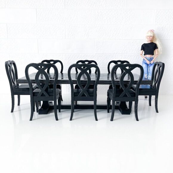 One-of-a-Kind Miniature Oak Wood Dining Trestle Table & 8 Chair Set 1:6 Scale - Picture 1 of 15